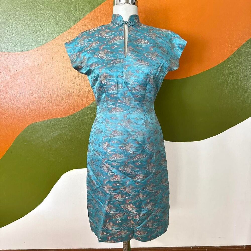 Handmade Vintage 40s/50s blue Asian brocade cheongsam dress Sz S Mandarin collar